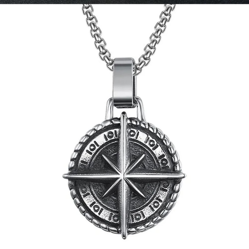 24" Silver Box Chain Compass Pendant Necklace
